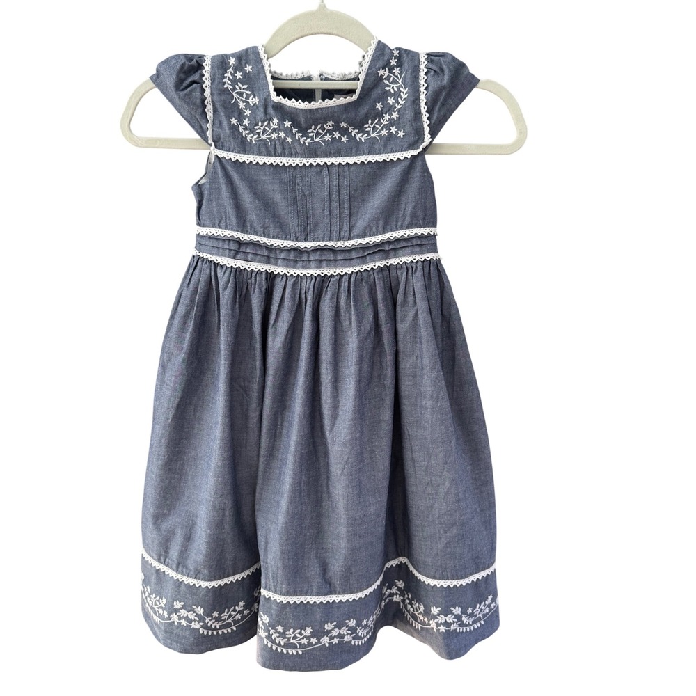 Donita Girls Chambray Embroidered Dress eyelet Tulle Lined Easter/Flower Girl, 6